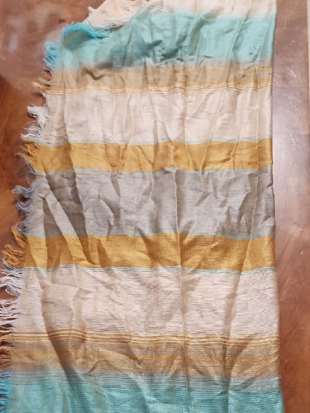 Soft Striped Wrap Scarf, Teal and Mustard, lightweight boho style - Picture 4 of 4